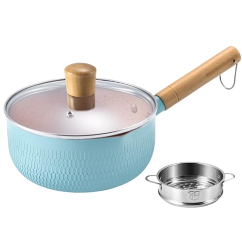 XYUERU Olla Japonesa, Olla Antiadherente con Dos caños, Olla for Salsa de Leche con Tapa de Vidrio for Preparar Salsas, Ramen y Leche Caliente(Blue,22 cm)