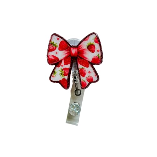 Strawberry Bow Badge Reel – Handmade & Customizable Retractable ID Holder with Cute Berry Charm. Perfect for Nurses, Teachers, Healthcare Workers, Office & Retail Staff. Sweeten Your Work Style!