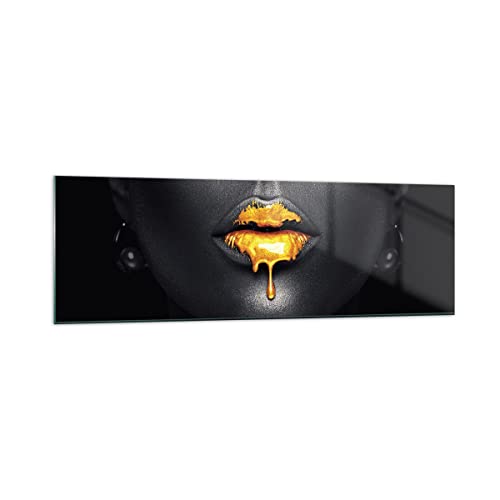 Moderne Impression sur Verre 160x50cm Image Tableau en Verre Decoration Murale Or Bouche Noir Grand XXL Tableaux Decoratifs Muraux Chambre Cuisine Panoramique...