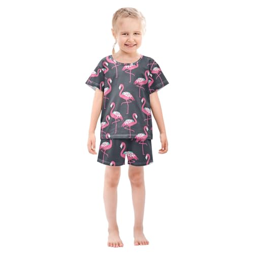 ALAZA Flamingo Bird Black Pajamas Set Short Sleeve Cotton Sleepwear Summer Pjs 2 Piece 5-14Y3