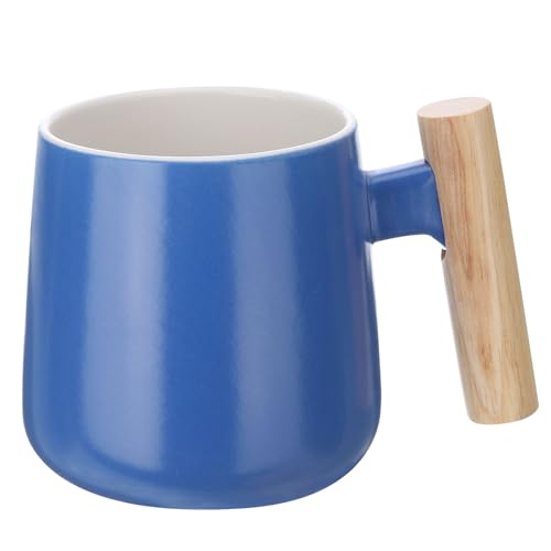 QUARKZMAN Taza de Café de Cerámica de 12.85 Oz con Asa de Madera Simple, Taza de Té de Cerámica Hecha A Mano para Café con Leche, Té, Sopa para Oficina, Hogar y Regalos, Azul