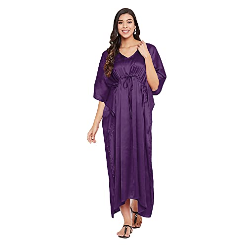 Oussum Women’s Plus Size Kaftan Dress – Solid Satin Maxi Nightgown with Kimono Sleeves, Comfortable Lounge Wear & Nightwear