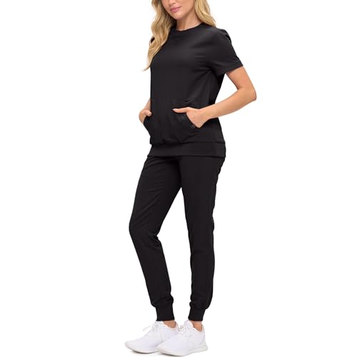 Monarch Uniforms Women’s Scrub Set – Soft Stretch Fabric, Modern Fit Jogger Pants & Crew Neck Top -BLACK-M