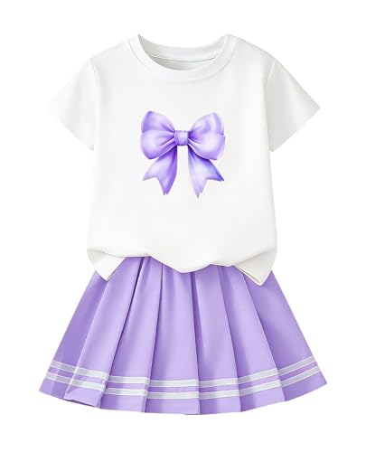 Image of Betusline Girls Skirt Set JK School Uniform 2-Piece Outfit - Short Sleeve & Webbing Solid Skirt,4-14Y