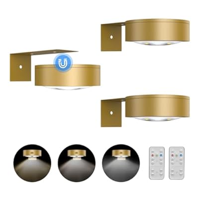 3Pack Picture Light Battery Operated Painting Lights for Wall Wireless Magnetic Display Art Light with Remote Control,Dimmable&Timer Portrait Light for Art Frame Artworking,Wall Decor Puck Lights-Gold