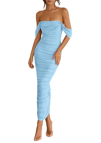 PRETTYGARDEN Womens 2025 Summer Off The Shoulder Dress Ruched Bodycon Sleeveless Split Cocktail Party Maxi Dresses (Light Blue,Small)