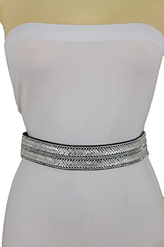 Women Black Elastic Fashion Belt - Bridal Waistband Silver Rhinestones Size S M2