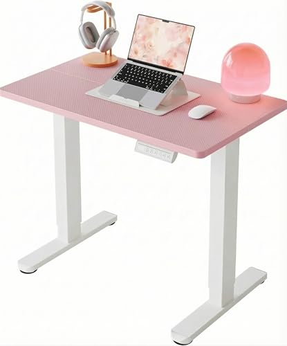 Image of HUANUO 32 inch Small Electric Standing Desk Adjustable Height, 4 Memory Height Settings, Sit Stand Up Desk for Home Office & Computer Workstation, Pink