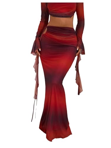 SHENHE Women's Y2k Mesh Maxi Skirt Ruched Cut Out Tie Dye Bodycon Long Fishtail Skirt