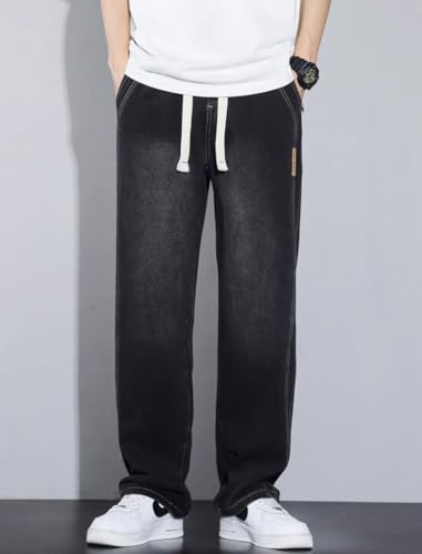 chouyatou Men's Vintage Washed Wide Leg Baggy Jeans Drawstring Elastic Waist Barrel Denim Pants with Pockets2