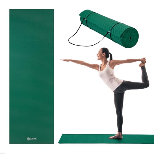 Gaiam Essentials 1/4" Thin (6mm) Yoga & Pilates, Fitness & Exercise Mat with Easy-Cinch Carrier Strap Cusion Support For Fitness and Gym Workouts