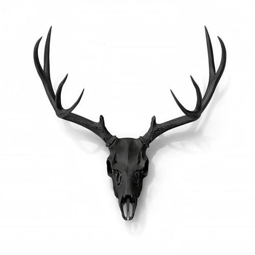SlickFish Creations Deer Skull & Antlers Life Size Black Wall Mount Deer Skull Replica Realistic Full Size Faux Antler European Skull Decor for Modern Rustic Western & Gothic Skull Decor (Black)