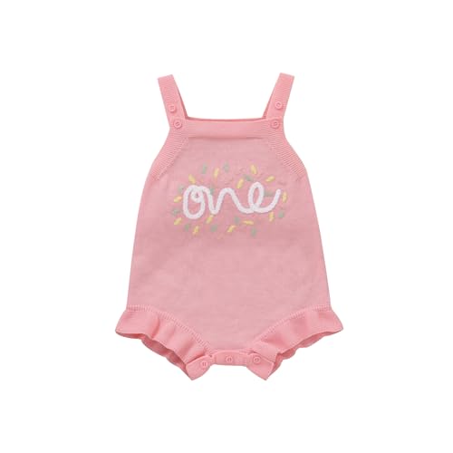 Yanmucy första födelsedag outfit stickad ärmlös baby flicka sparkdräkt 1 1/2 födelsedag flicka outfit tårta smash outfit, Rosa One, 6-12 månader
