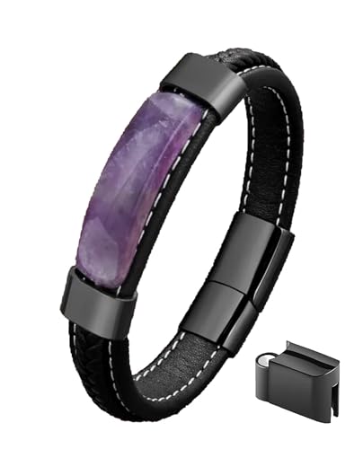 mkat Men's Bracelet with Natural Stone, Black Leather Bracelet, Natural Stone Bracelet, Genuine Leather Bracelet for Men and Women