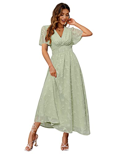 Simplee Women's Boho Floral V Neck Short Sleeve Formal Maxi Ruffle Dress Summer Long Flowy Lace Bridesmaid Wedding Party Evening Dress (XL Light Green)