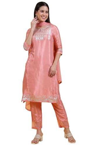 Image of W for Woman Pink Printed Shantung Straight Kurta, Pants and Dupatta Set
