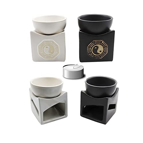 Pack de 2 Quemadores de aceites Esenciales + 2 Velas, Quemador de Incienso esmaltado. TAMAÑO: 9 x 8 cm. Ying Yang Cover