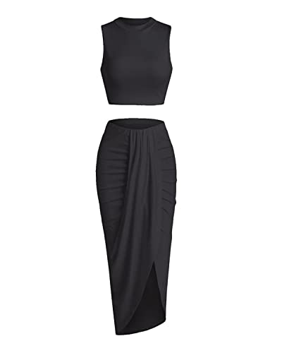 Image of ZAFUL Women's Casual Sleeveless Summer Two Piece Outfits Crop Top and Side Split Draped Ruched Maxi Skirt Set Solid Suiting