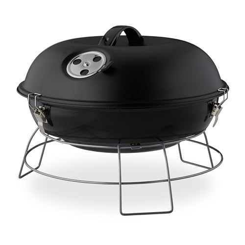 Relaxdays Kugelgrill, tragbar, mit Deckel, leckeres BBQ, Picknickgrill mit großer Grillfläche, Holzkohle, Ø36cm, schwarz