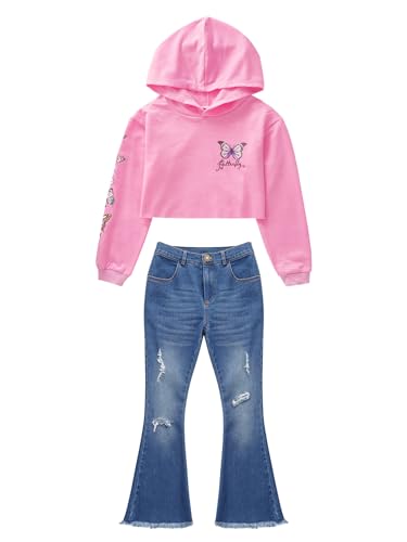 easyforever Kids Girls Butterfly Printed Hoodie Sweatshirts with Wide Leg Flare Jeans Ripped Bell Bottom Denim Pants3