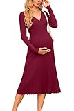 OUGES Maternity Jumper Dress for Women UK Long Winter Dresses Pleated Elegant Sweater Casual Knit Dress Fall-S Wine Red