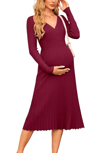 OUGES Strickkleid Damen Winter Kleid Lang Winterkleid Elegant Herbstkleid Langarm V-Ausschnitt Pulloverkleid für Herbst