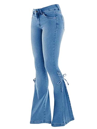 Andongnywell Women's lace-up Bell Bottom Jeans Flared Jean Bandage Hem Denim Pants Trousers with Pockets