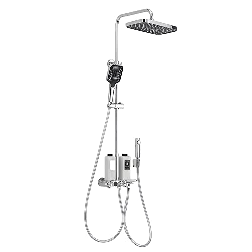 Kit douche thermostatique 38 °C avec colonne réglable et pommeau effet pluie et douchette main