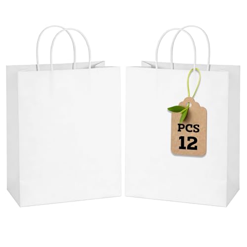 12 Stück Weiß Papiertüten mit Henkel 15 x 8 x 21 cm Papiertragetaschen Kraftpapier Geschenktüten mit Griffen Bulk Tüten Geschenktüten Papiertragetasche mit Kordelgriff für Partys Verpackungen