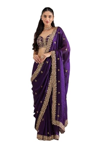 Image of Yashika Women's Organza Satin Butti Work With Zari Lace Border Embroidered Saree| Women Sari
