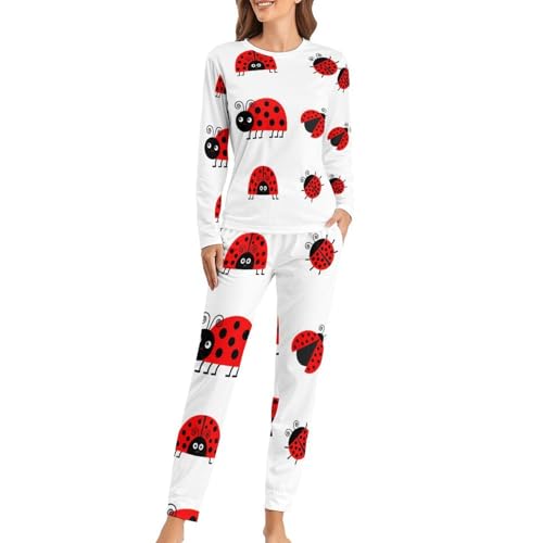Pyjama femme Coccinelle Rouge avec t-shirt manches longues et pantalon en coton doux pour la nuit