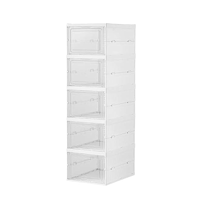 Stackable Shoe Storage Box with Front Opening Door, Transparent Plastic Sneaker Organizer for Closet, Modular Drawer Style Shoe Rack for Men & Women (5 LAYER)