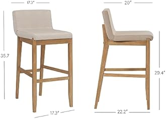 Nathan James Gracie Modern Bar Stool with Back, Cushioned Bar Height Stool with Natural Flax Upholstery and Brushed Wooden Legs, Natural Flax/Brown, Set of 2