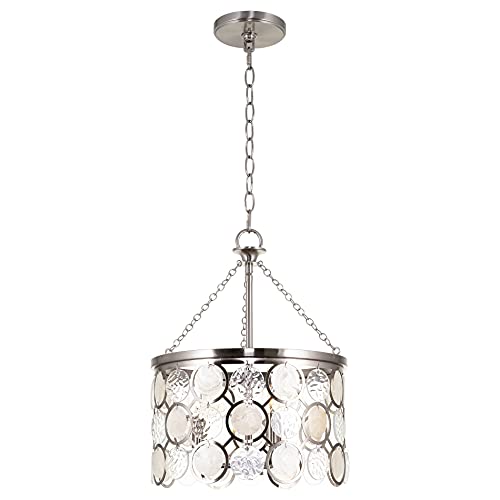 Kira Home Estelle 18" Modern Chic 3-Light Crystal Pendant Chandelier, Wavy Glass + Capiz Shell Accents, Brushed Nickel Finish #TOP6