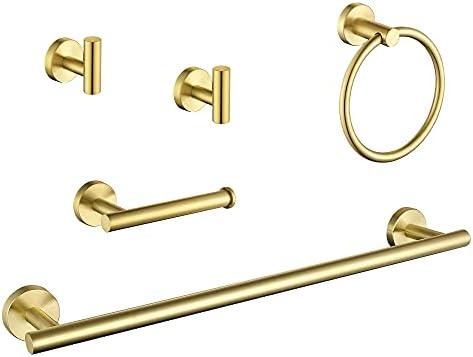 Ntipox Brushed Gold 5 Items Lavatory {Hardware} Set 20 inch Towel Bar Set Gold,Hand Towel Ring,Bathroom Paper Holder and a pair of Towel Gown Hook, Gold Lavatory Equipment Set Gold