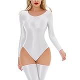 AUBIGレディースシャイニーオイル光沢長袖レオタードストレッチメタリックボディスーツダンスレオタードクラブランジェリー, ホワイト, Large