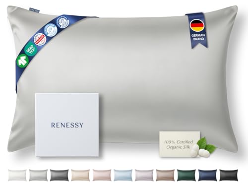 RENESSY Kissenbezug aus 100% Bio-Seide 40x60 cm - 22 Momme Maulbeerseide, Güteklasse 6A, Oeko-Tex zert. in Deutschland - Luxus für Haar und Haut, 1 Stück (Hellgrau)