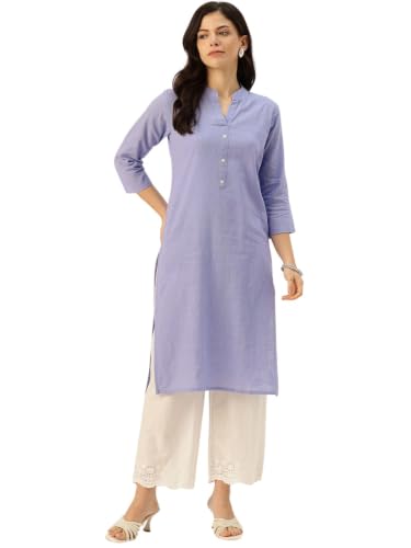 Image of feranoid Women's Plain Cotton Kurta with Mandarin Collar, 3 /4 Sleeves & Pocket