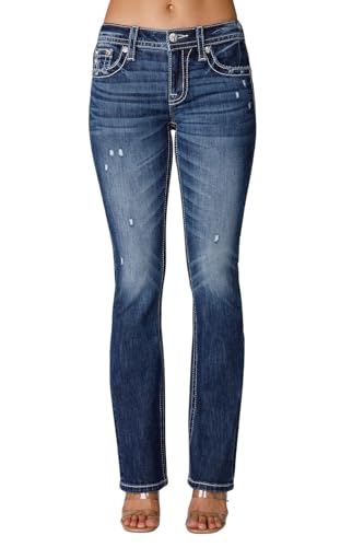 Miss Me Women's Delilah Mid-Rise Slim Bootcut Jeans with Floral Embellished Faux Flap Pockets2