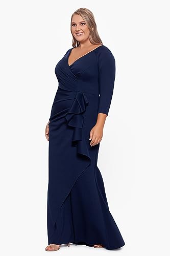 Xscape Women's Plus Size Long 3/4 Sleeve V-Neck Side Ruched Dress3