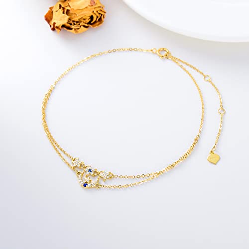 Solid 14K Gold Layered Anklet For Women, Real Gold Moon And Star Ankle Bracelet Summer Beach Anklets Fine Jewelry Anniversary Birthday Gifts For Women Wife Girls, 8''+2'' #TOP2