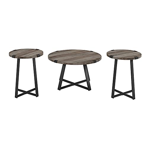 Walker Edison Anastasia Modern 3 Piece Metal Wrap X Base Coffee And Side Table Set, 3 Pack, Grey Wash #TOP5