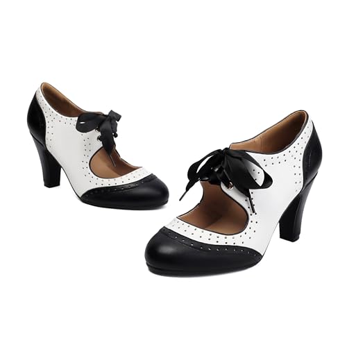 Women's Mary Jane Vintage Close Round Toe Lace Up Vintage 1950s Heels Retro 1920s Victorian Pumps 1930s Shoes2
