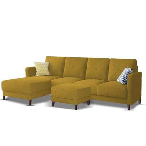 Image of Baloney LHS 6 Seater L Shape Sofa Set with Center Table for Living Room (Yellow Fabric) Premium Fabric Sofa