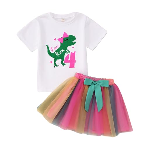 SOFEON Toddler Baby Girl Birthday Cake Smash Outfit T-Rex Dinosaur Short Sleeve T-Shirt Colourful Tutu Skirt Set 1-6Y