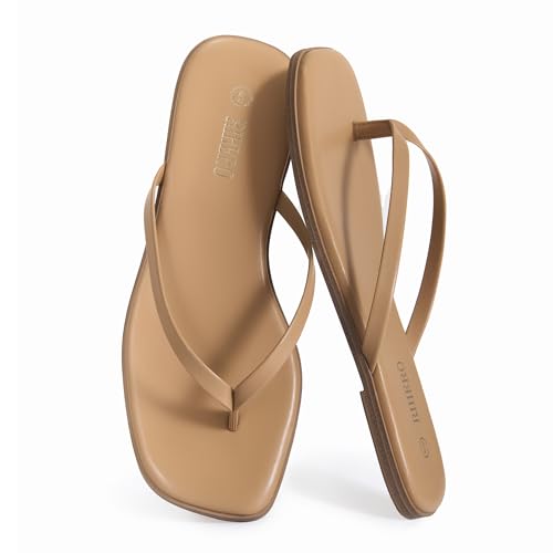 Image of Rihero Flip Flops for Women Comfortable Square Toe Beach Sandals Slip On Leather Thong Flat Sandals Dressy