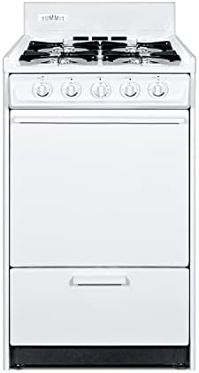 Summit Appliance WLM110P 20" Wide Propane Gas Range, White; Battery Start Ignition; 4 Open Burners; Broiler Compartment; Adjustable Oven Racks; Anti-Tip Bracket; Removable Oven Door And Range Top