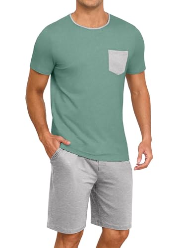 Image of PrinStory Mens Summer Pajamas Set Lightweight Pjs Sets Short Sleeve Pajama Shorts Set Soft Sleepwear Loungewear with Pockets