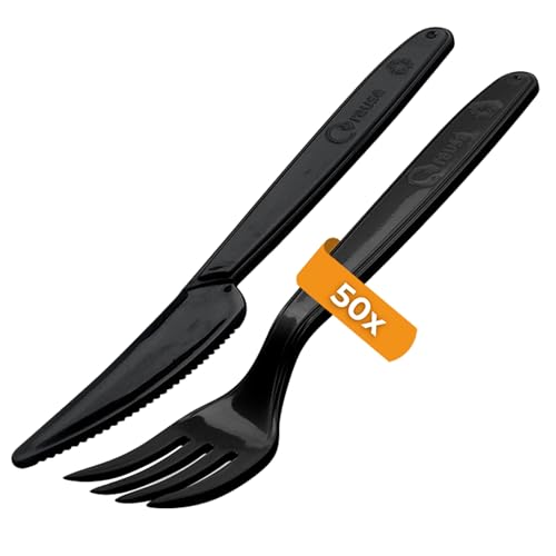 Wiederverwendbares Plastikbesteck schwarz | MEHRWEG Campingbesteck | PREMIUM Reisebesteck | robustes Outdoor Besteck (Set - 50 Gabel + 50 Messer)