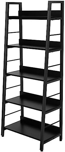 BATHWA 5 Tier Book Shelf, Black Industrial Open Wood and Metal La...